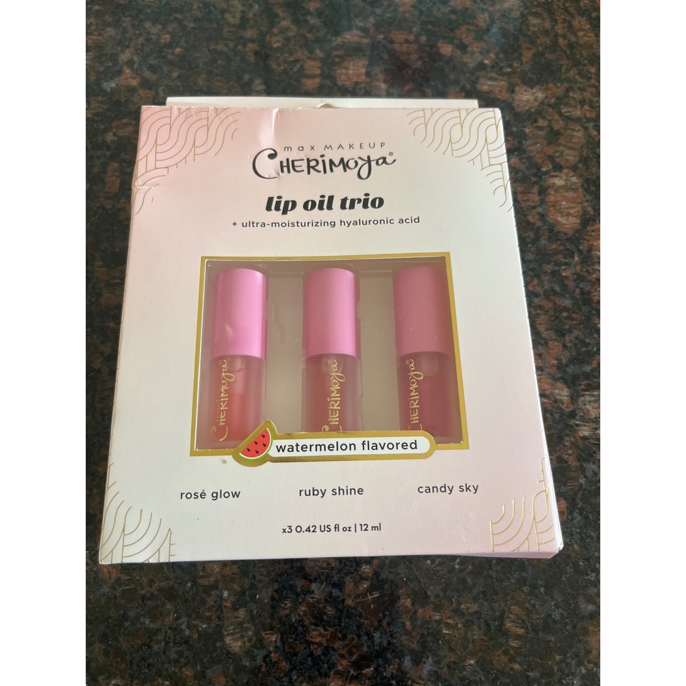 Max Makeup Cherimoya Lip Oil Trio Watermelon Hyaluronic Acid 3 Piece Gift Set